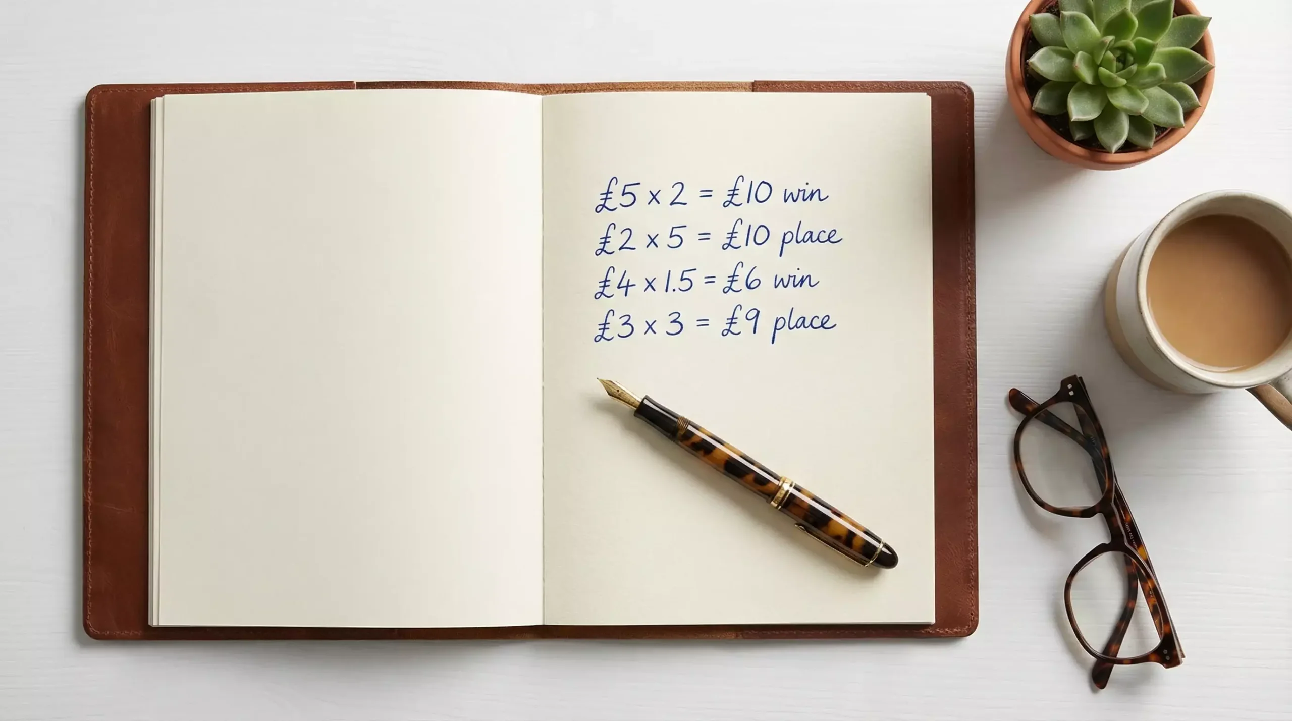 Notepad showing each-way betting calculation with pen